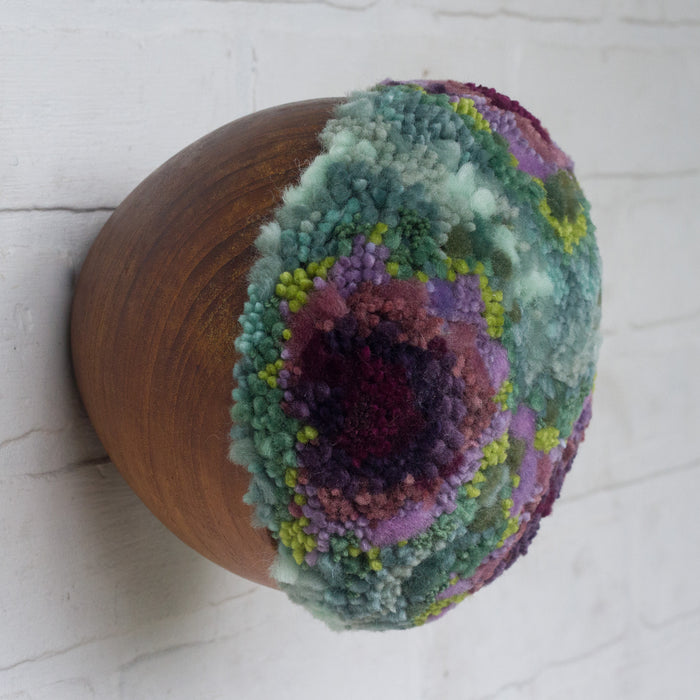 Puff Fiber Sculpture in Teak Frame | Deep Purple + Greens