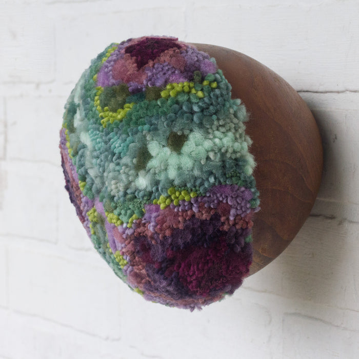 Puff Fiber Sculpture in Teak Frame | Deep Purple + Greens