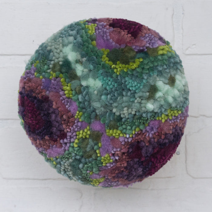 Puff Fiber Sculpture in Teak Frame | Deep Purple + Greens