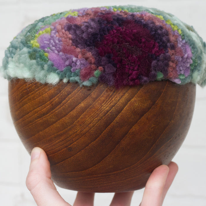 Puff Fiber Sculpture in Teak Frame | Deep Purple + Greens