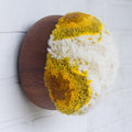 Puff Fiber Sculpture in Teak Frame | Mustard + White