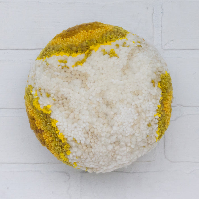 Puff Fiber Sculpture in Teak Frame | Mustard + White