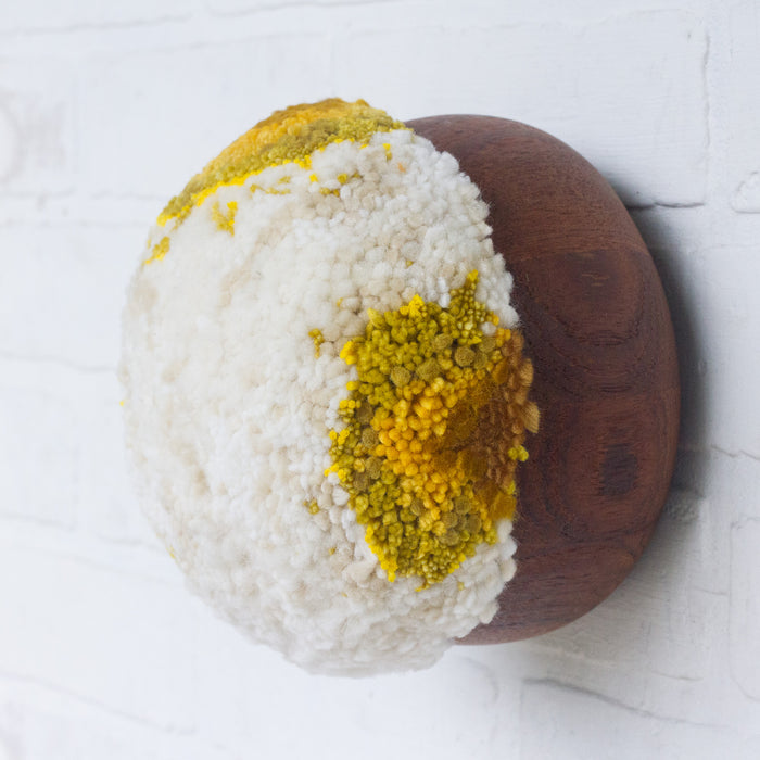 Puff Fiber Sculpture in Teak Frame | Mustard + White