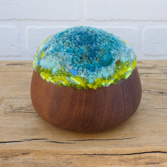 Puff Fiber Sculpture in Vintage Teak Frame | Aqua + Neon