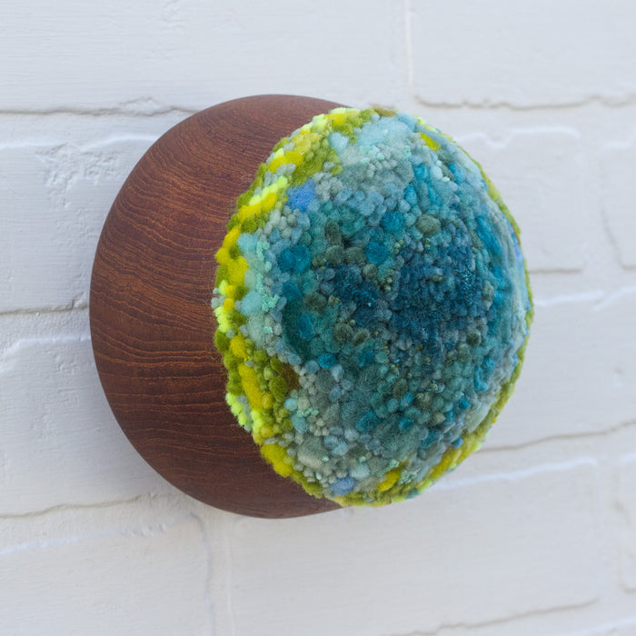 Puff Fiber Sculpture in Vintage Teak Frame | Aqua + Neon
