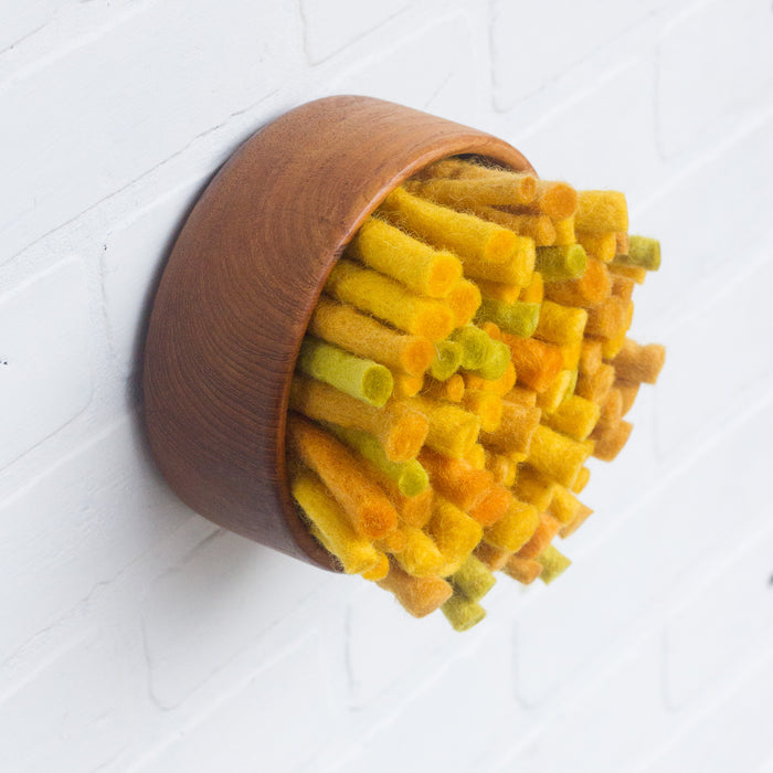 Puff | Yellow Felted Wools | Fiber Sculpture in Vintage Teak Bowl 1/2