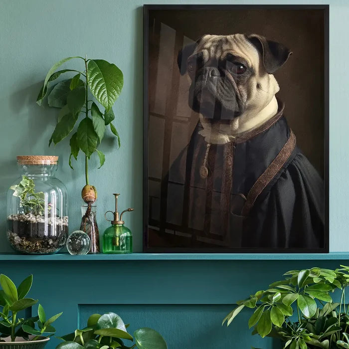Pug Dog Portrait Print, quirky altered art print black framed on a living room shelf