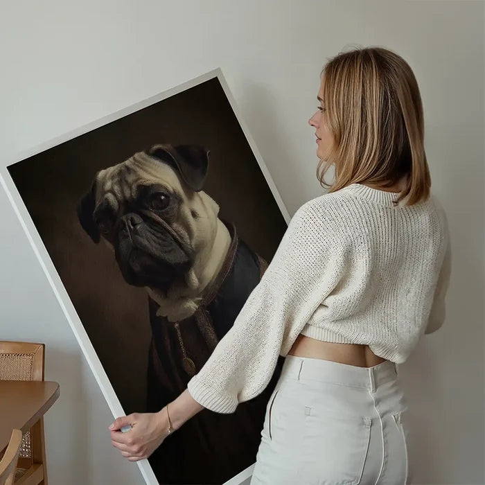 Pug Dog Portrait Print held up against a living room wall