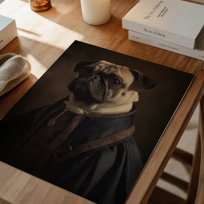 Pug Dog Portrait Print, quirky altered art print unframed on a home office desk