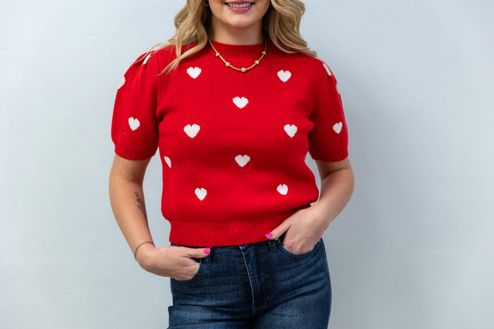 Red Heart Short Sleeve Sweater Top