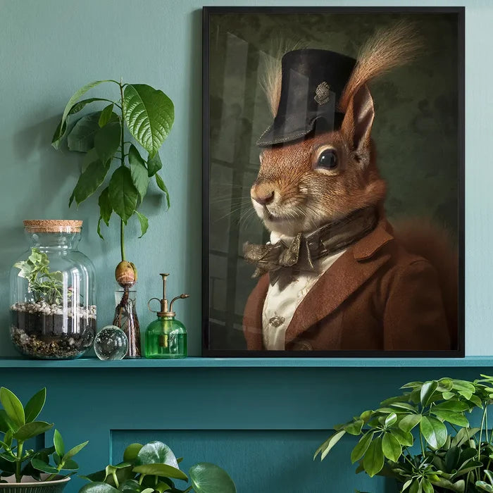 Red Squirrel Gentleman Animal Portrait Print, quirky altered art print black framed on a living room shelf