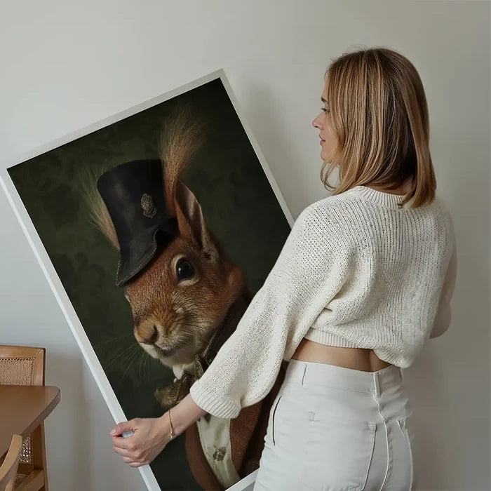 Red Squirrel Gentleman Animal Portrait Print held up against a living room wall