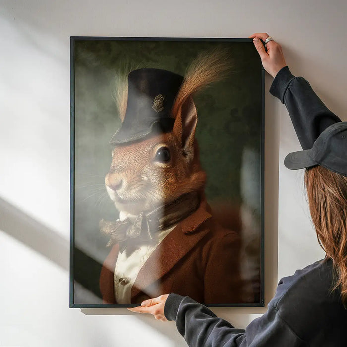 Red Squirrel Gentleman Animal Portrait Print being hung on a wall in a black frame
