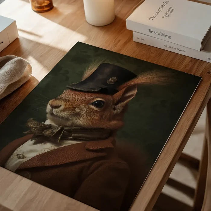 Red Squirrel Gentleman Animal Portrait Print, quirky altered art print unframed on a home office desk