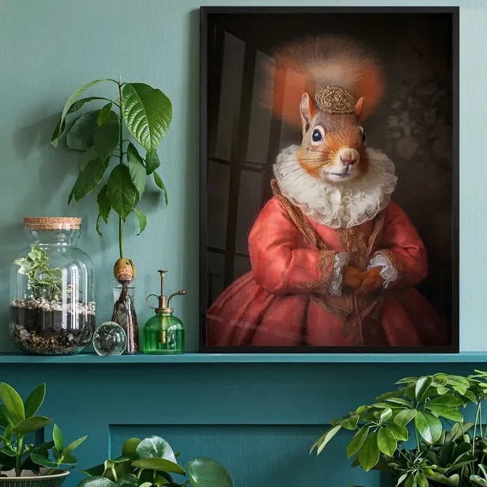 Red Squirrel Lady Animal Portrait Print, quirky altered art print black framed on a living room shelf