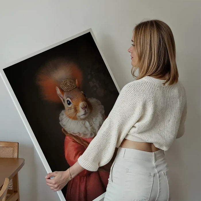 Red Squirrel Lady Animal Portrait Print held up against a living room wall