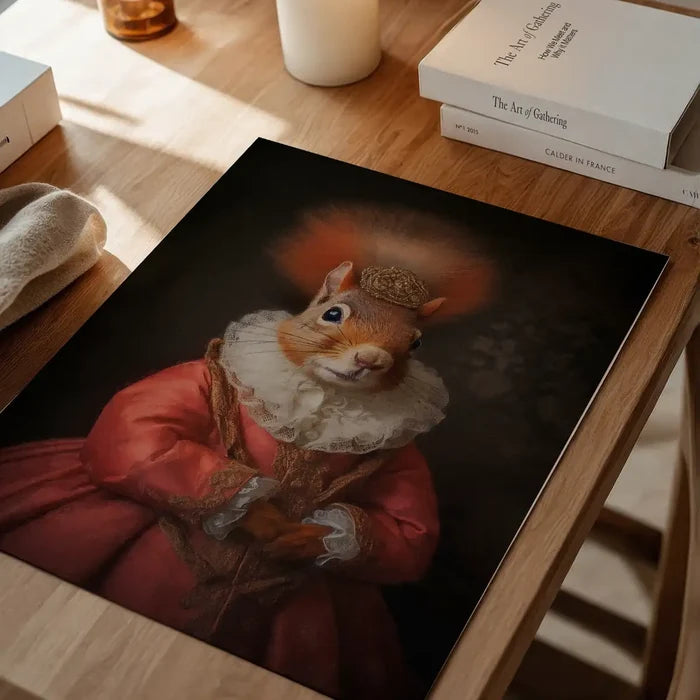 Red Squirrel Lady Animal Portrait Print, quirky altered art print unframed on a home office desk