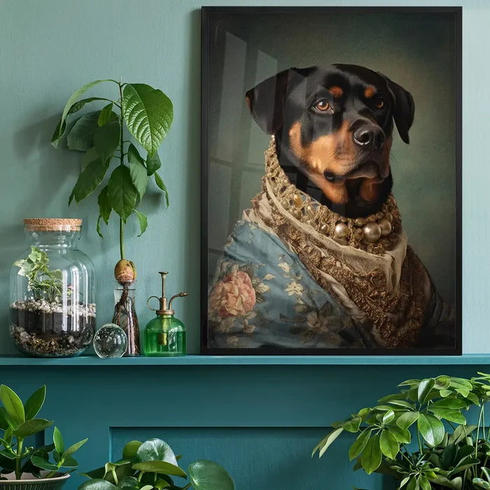 Rottweiler Dog Portrait Print, quirky altered art print black framed on a living room shelf