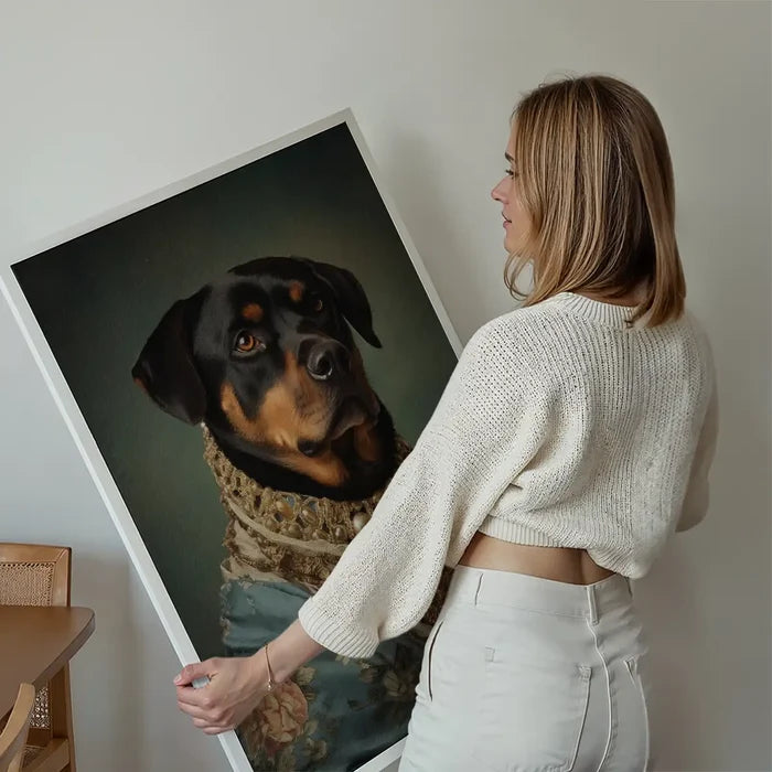 Rottweiler Dog Portrait Print held up against a living room wall