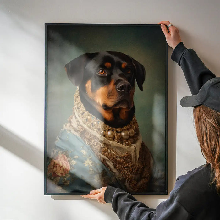 Rottweiler Dog Portrait Print being hung on a wall in a black frame
