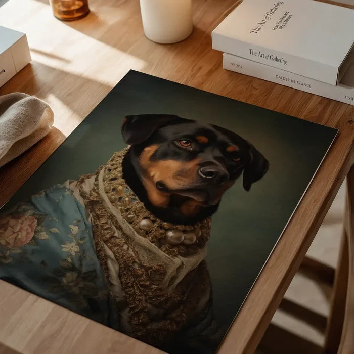 Rottweiler Dog Portrait Print, quirky altered art print unframed on a home office desk