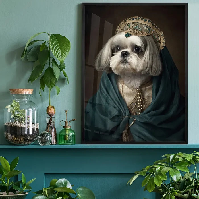 Shih Tzu Dog Portrait Print, quirky altered art print black framed on a living room shelf