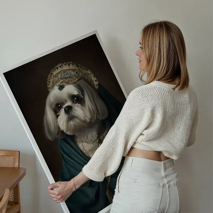 Shih Tzu Dog Portrait Print held up against a living room wall