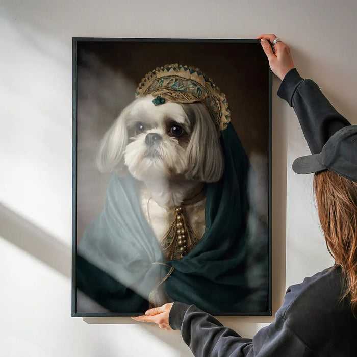 Shih Tzu Dog Portrait Print being hung on a wall in a black frame