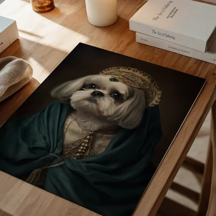 Shih Tzu Dog Portrait Print, quirky altered art print unframed on a home office desk