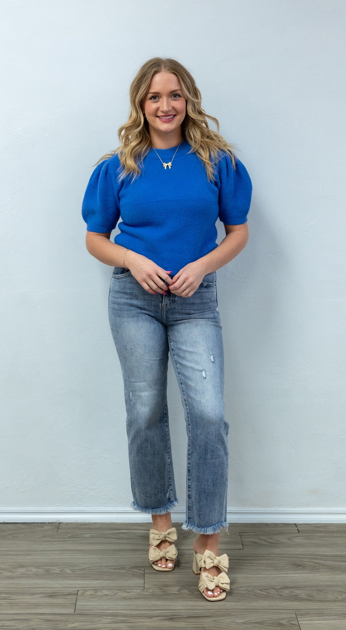 Simply Sweet Round Neck Knit Top - Diva Blue
