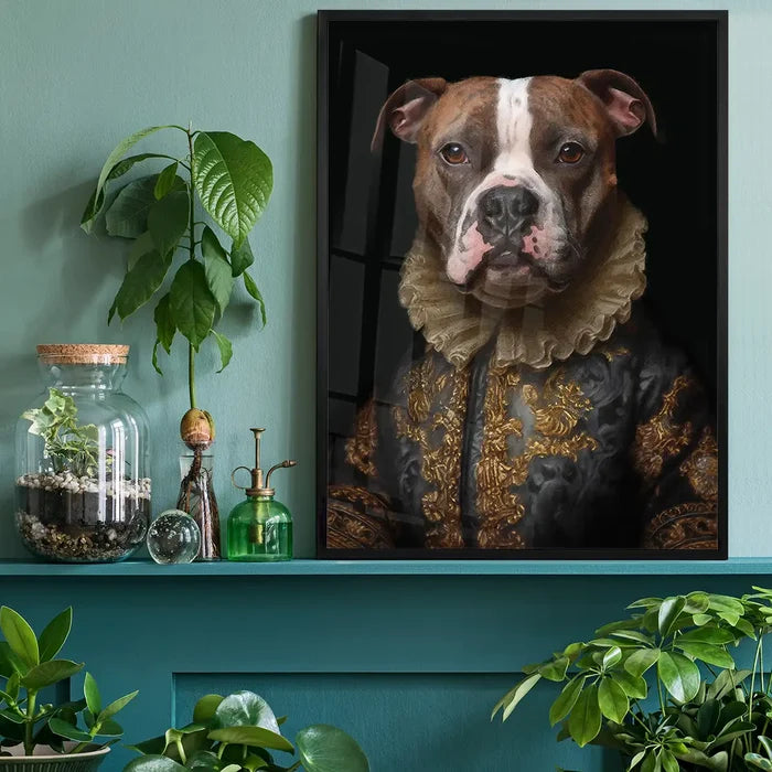 Staffordshire Bull Terrrier Staffy Dog Portrait Print, quirky altered art print black framed on a living room shelf