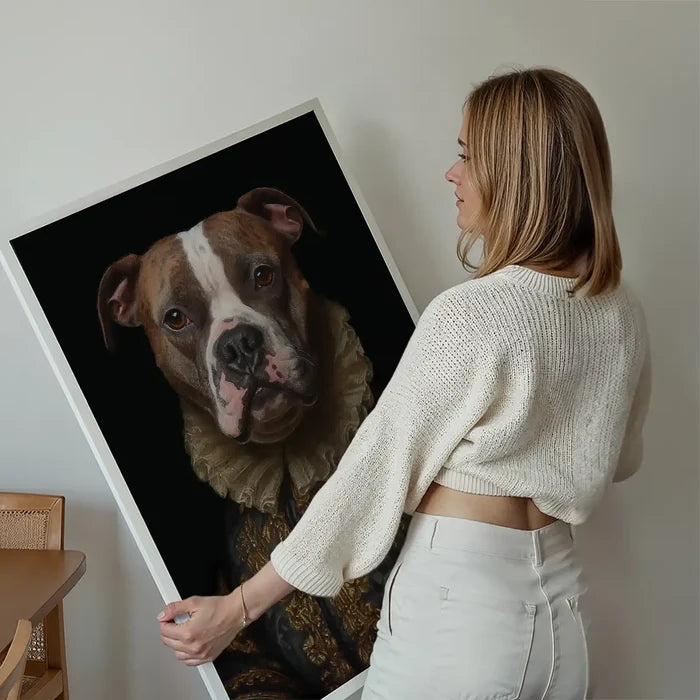 Staffordshire Bull Terrrier Staffy Dog Portrait Print held up against a living room wall