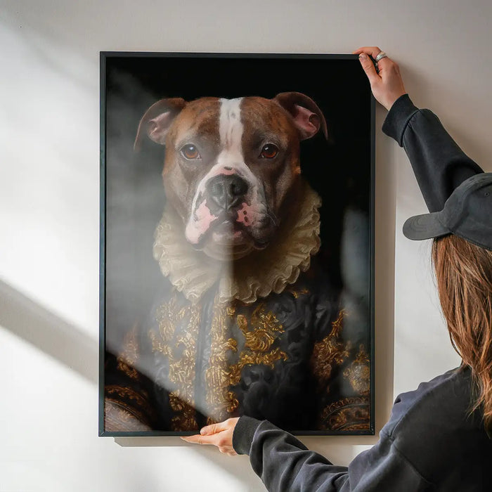 Staffordshire Bull Terrrier Staffy Dog Portrait Print being hung on a wall in a black frame