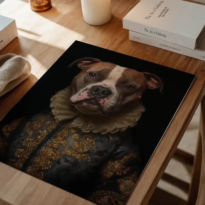 Staffordshire Bull Terrrier Staffy Dog Portrait Print, quirky altered art print unframed on a home office desk