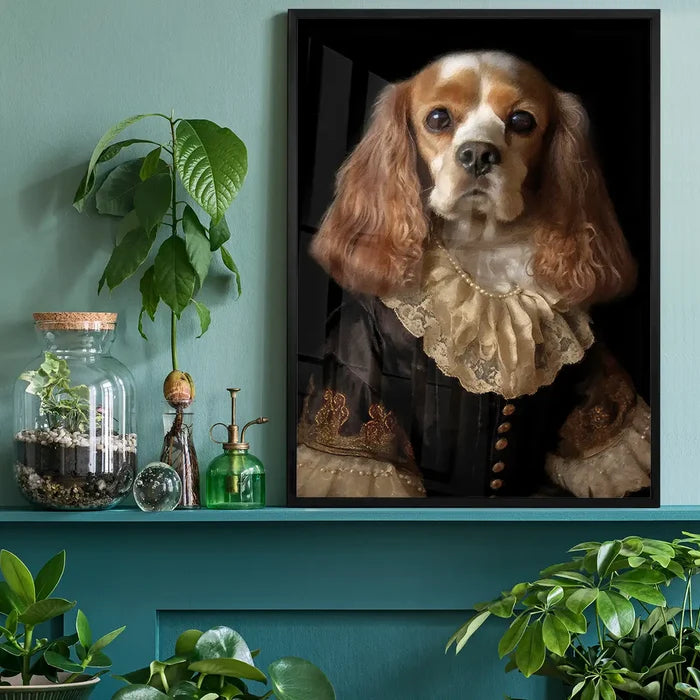 Tan & White Cocker Spaniel Dog Portrait Print, quirky altered art print black framed on a living room shelf