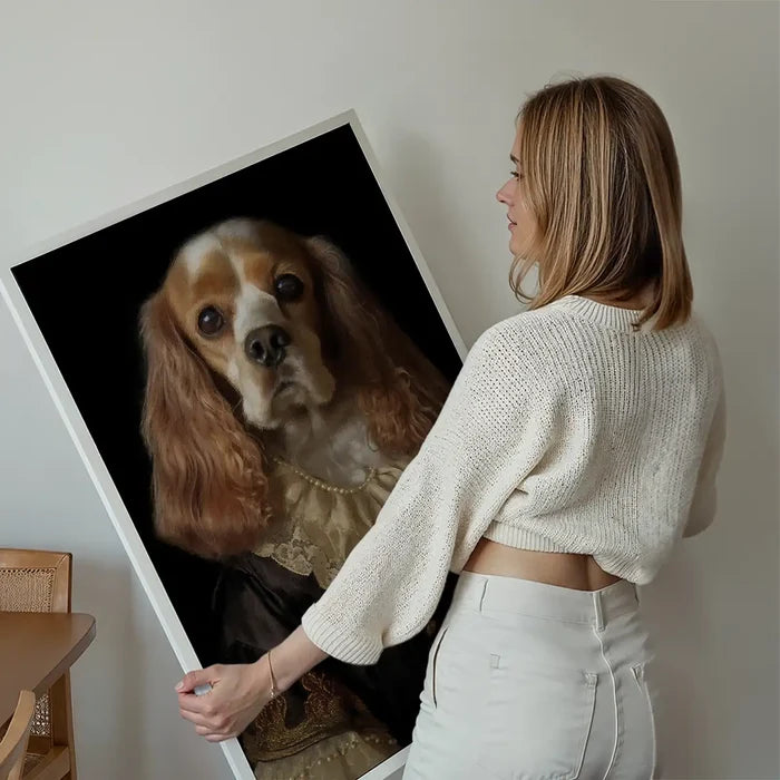 Tan & White Cocker Spaniel Dog Portrait Print held up against a living room wall