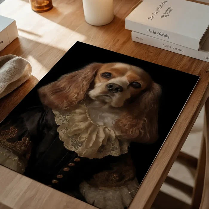 Tan & White Cocker Spaniel Dog Portrait Print, quirky altered art print unframed on a home office desk