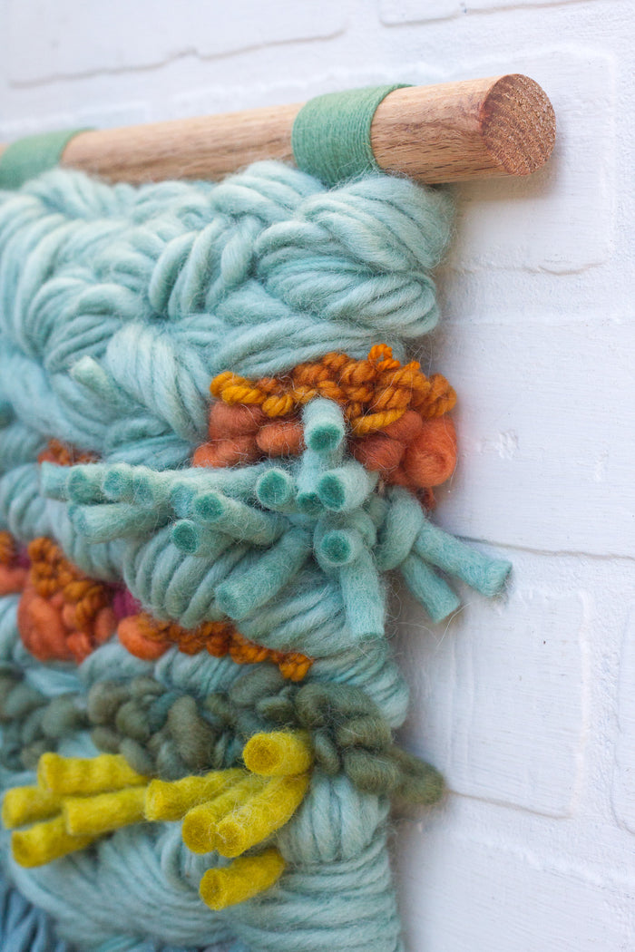 Textured Woven Wall Hanging | Seafoam + Green + Orange