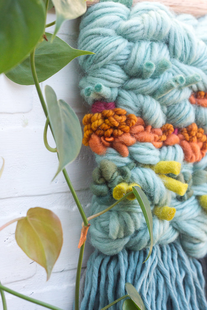 Textured Woven Wall Hanging | Seafoam + Green + Orange