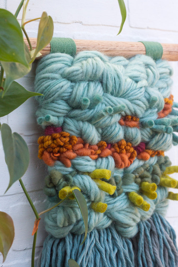 Textured Woven Wall Hanging | Seafoam + Green + Orange
