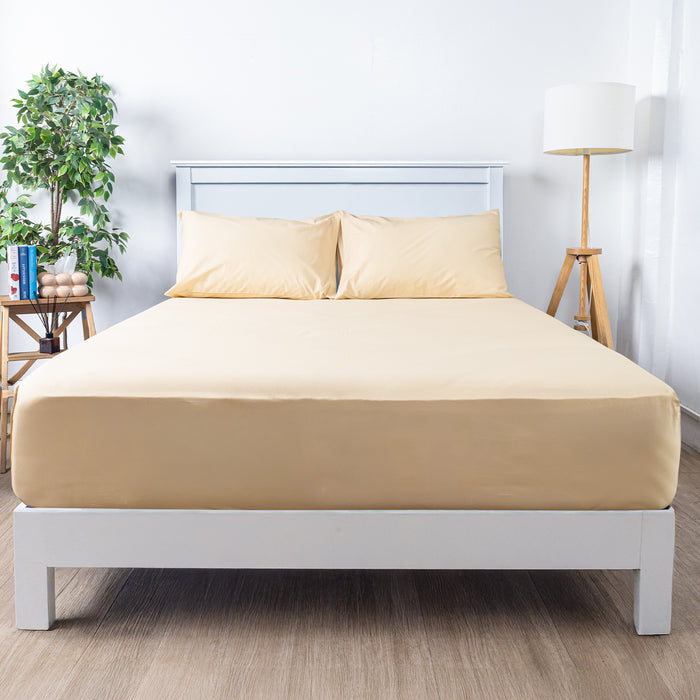 Uratex Bed Linens 3 Piece Fitted Sheet Set in beige, shown in a room setting